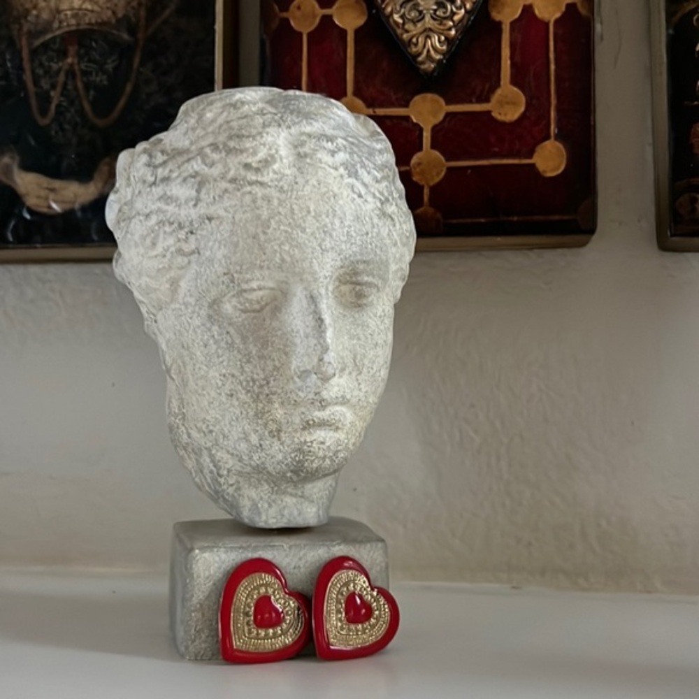 Heart Clip‎ On Earrings Metal Red & Gold Vintage
